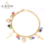 ASON Fashion Pendants Cross Eyes Heart Bracelets Gold Color Stainless Steel Link Chain Bracelet for Women Bohemia Jewelry