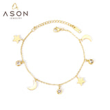 ASON Trendy Moon Star Cubic Zirconia Pendant Charm Bracelet Gol Color Stainless Steel Bangle for Women Girl Fashion Jewelry