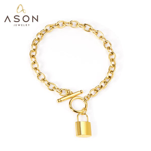 ASON Gold Color Key Lock Charm Pendant Punk Bracelet Stainless Steel Bangle for Women Men Party Gift Fashion Jewelry