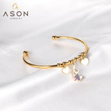 ASON Fashion Gold Color Heart with Shell Charm Stainless Steel Bracelet Open Bangle Jewelry Accessory for Women Party Gift