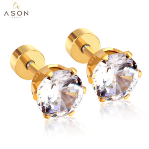 ASON-pendientes de tuerca de circonia cúbica redonda de acero inoxidable para mujer y niña, aretes de Color dorado, regalo de fiesta, joyería 