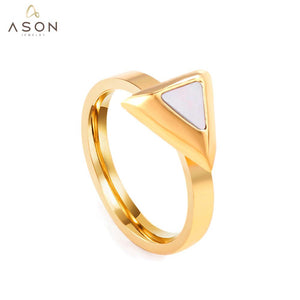 ASON Gold Color Trendy Style Stainless Steel Triangle Ring With White Shell For Women Party Jewelry Accessory Daily Wear