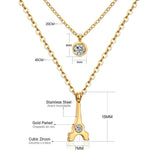 ASON Classic Jewelry Stainless Steel Eiffel Town Pendant Necklace with Round Cubic Zirconia for Women Double Link Chain