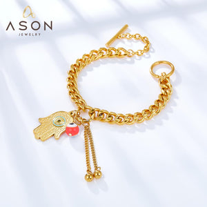 ASON Hand And Red Eye Shape Accessries With Beads Link Chians Bracelet Gold Color Stainless Steel For Women Summer Jewelry