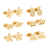 ASON 6Pairs/Box Crown/Flower/Leave Small Piercing Stud Earrings Sets Stainless Steel Gold Color Jewelry For Women Gift