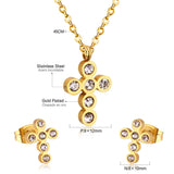 ASON Classical Cross Wedding Zirconia Jewelry Set Pendant Necklace & Drop Stud Earrings Gold 316L Stainless Steel for Women