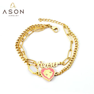 ASON Forever Heart Charm pulsera de acero inoxidable multicapa 19 + 3cm brazalete de Color dorado para mujer regalo accesorios de joyería 