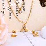 ASON Fashion 316L Stainless Steel Gold Bridal Wedding Jewelry Set for Women Dragonfly Necklace Pendant Small Stud Earring