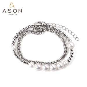 ASON Silver Color Trendy Imitation Pearl Bracelet with Steel Ball Charm Stainless Steel Bangle for Women Fashion Jewelry