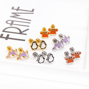 Cute Girls's Earrings Acrylic Design Animals Piercing Butterflies Stainless Steel Penguin Childlike серьги brinco