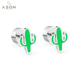 ASON – jolies boucles d'oreilles pour enfants, couleur argent, acier inoxydable, Cactus vert, dessin animé, bijoux cadeaux pour filles 