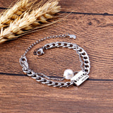 ASON Silver Color Chain Bracelet with Imitation Pearl Charm 316L Stainless Steel Bangle for Women Fashion Jewelry Gift