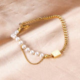 ASON Fashion Imitation Pearl Link Bracelets Stainless Steel Tree Charm Bangles for Women with 3cm Extender Jewelry Gift