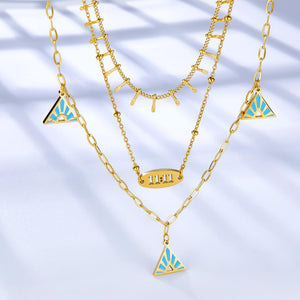 Colliers à trois couches, pendentif pyramide bleue pour femmes et filles, couleur or, ras du cou en acier inoxydable, collier de cou élégant 