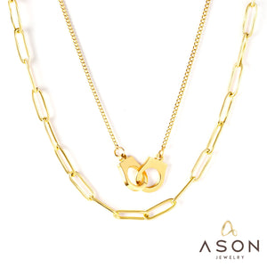 ASON Stainless Steel Gold Color Multi Layer Paperclip Chain Necklace Choker Buckle Pendant for Women Jewelry Fashion Gift