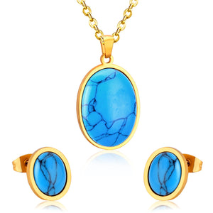 Oval Shape Opal Stainless Steel Luxury Necklaces Earrings Sets For Ladies Trendy Jewellry Sets parures bijoux