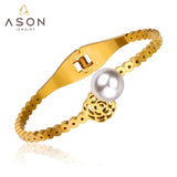 ASON Decliate Jewelry Stainless Steel Flower and Imitation Pearl Gold Cuff Bracelets Bangles Classic Jewelry Women Party