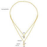 ASON Jewelry Gold Color Double Chain Necklaces Collars Jewelry Stainless Steel Round Cubic Zirconia Daily Pendants Chokers