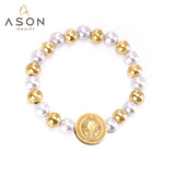 ASON Pulseras Ball Beaded Bracelets With Imitation Pearl Gold Color Stainless Steel Round Jesu Pendants Women Bangle