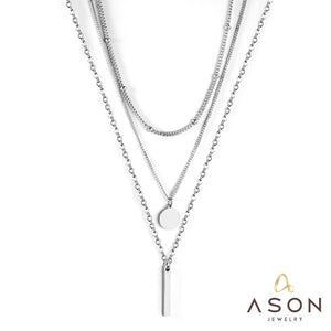 ASON Round and Steel Bar Pendant Necklace Multi-layer 316L Stainless Steel Chain for Women Men Choker Fashion Jewelry Gift