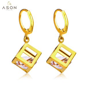 ASON Geometry Cubic Zirconia Piercing Drop Earrings Stainless Steel Gold Color Ear Hoop For Women Fashion Jewelry Party