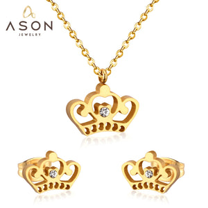 ASON – collier et boucles d'oreilles en forme de couronne pour femmes, Style Simple, couleur or givré, en acier inoxydable, ensembles de bijoux à la mode pour fête 