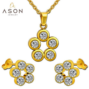 ASON 316L Stainless Steel Zircon Gold Bridal Wedding Jewelry Sets for Women Round Necklace Pendant Small Stud Earring