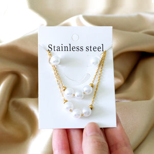 White Pearl Pendant Necklaces Stainless Steel Double Chains Earrings Set For Ladies Party Jewelry Sets bijoux femme