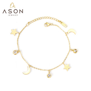 ASON Trendy Moon Star Cubic Zirconia Pendant Charm Bracelet Gol Color Stainless Steel Bangle for Women Girl Fashion Jewelry