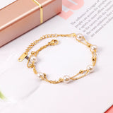 ASON Gold Color Steel Ball Imitation Pearl 316L Stainless Steel Bracelet for Women Bangle with Extender Fashion Jewelry