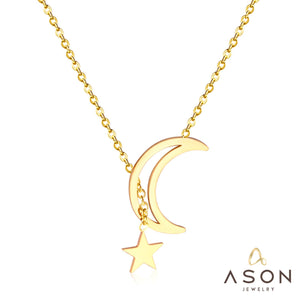 Asonjewelry Fashion Gold Moon and Star Pendant Necklaces Stainless Steel Korean Style Chain Link for Women Party Jewelry Gift