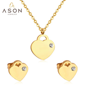 ASON luxe coeur pendentifs colliers boucles d'oreilles ensemble de bijoux couleur or mode acier inoxydable pour les femmes cubique zircone mignon 