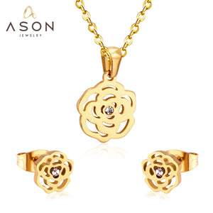 ASON Romantic Flower Shape Pendants Chain Necklace Piercing Stud Earrings Jewelry Sets Stainless Steel Gold Color For Women