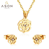 ASON Romantic Flower Shape Pendants Chain Necklace Piercing Stud Earrings Jewelry Sets Stainless Steel Gold Color For Women