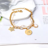 ASON Gold Color Imitation Pearl Multi-layer Bracelet Stainless Steel Bangle with Star Pendant 18+3cm Women Fashion Jewelry