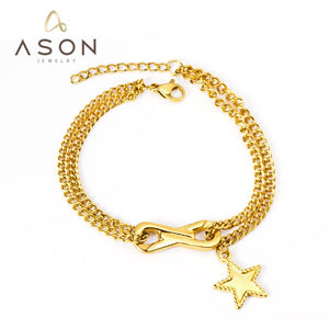 ASON – Bracelet Double chaîne couleur or, en acier inoxydable 316L, avec breloque étoile, bijoux à la mode, 17 + 3cm, accessoires de bijouterie, cadeau 