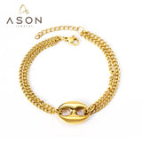 ASON 316L Stainless Steel Charm Nose Connector Bracelet Gold Color Bangle with Extender 17+3cm Fashion Jewelry Accessories