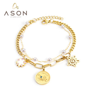 ASON Gold Color Imitation Pearl Multi-layer Bracelet Stainless Steel Bangle with Star Pendant 18+3cm Women Fashion Jewelry