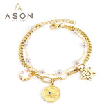 ASON Gold Color Imitation Pearl Multi-layer Bracelet Stainless Steel Bangle with Star Pendant 18+3cm Women Fashion Jewelry